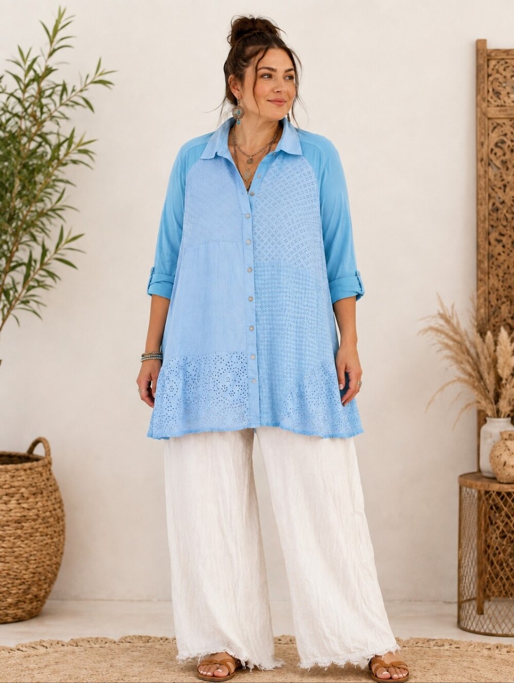 LOGO by Lori Goldstein Eyelet Mixed Media Tunic Top Aqua Blue Cotton Boho